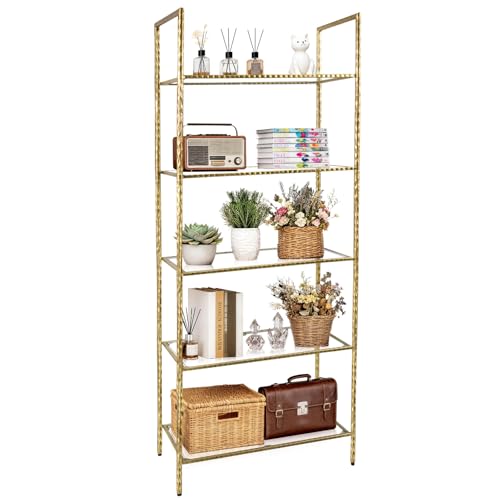 BEGINS 5-Tier Vintage Gold Bookshelf with Glass Shelves