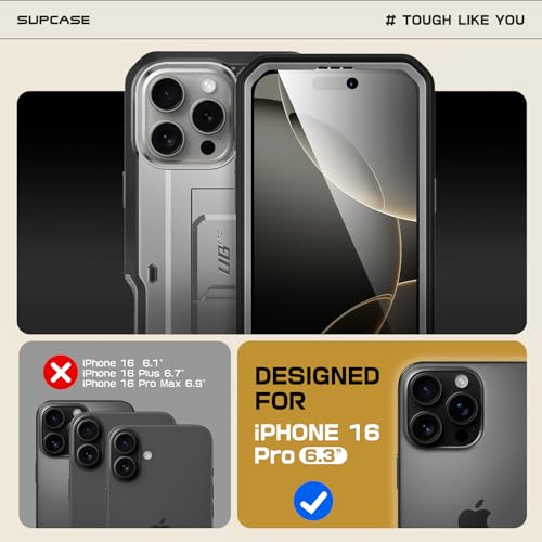 Image of SUPCASE for iPhone 16 Pro Case with Screen Protector (Unicorn Beetle Pro), [Built-in Stand & Belt-Clip] [Military-Grade Protection] Full Body Heavy Duty Phone Case for iPhone 16 Pro 6.3'' 2024, TiGray