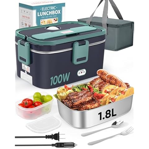 Eocolz Electric Lunch Box Food Heater Warmer 100W, 1.8L Portable Heated Lunch Box for Car Truck Work with Stainless Steel Container Fork & Spoon 12/24/110V Lonchera Eléctrica Portátil para Trabajo Cover