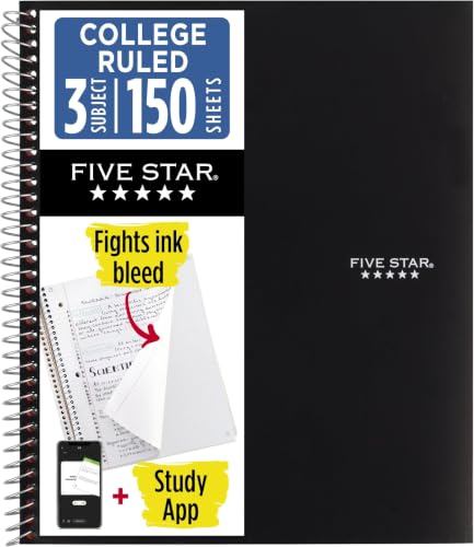 Image of Five Star Spiral Notebook + Study App, 3 Subject, College Ruled Paper, Fights Ink Bleed, Water Resistant Cover, 8-1 /2 inch x 11 inch, 150 Sheets, Black (72069) (Pack of 6)