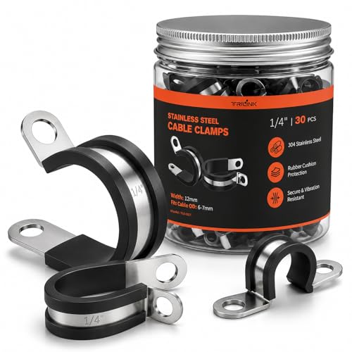1/4 Cable Clamps 30PCS 304 Stainless Steel P (Adel) Clamps Rubber Cushioned Hose Routing Clamps Anti-Vibration Rubber Insulated Clamps for Automotive RV Garage & Workshop Wiring