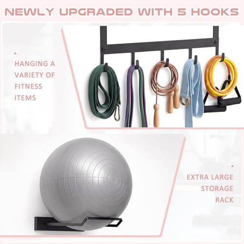 Image of Geelin Yoga Mat and Ball Holder Wall Mount, 4-Tier Yoga Mat & Ball Storage Rack, Home Gym Organizer, Black Metal Floating Shelf for Hanging Foam Rollers & Resistance Bands (5 Hooks Style,Black)