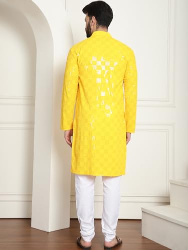 Image of SOJANYA (Since 1958 Men's Cotton Embroidered Sequinned Kurta With white churidar Pyjama