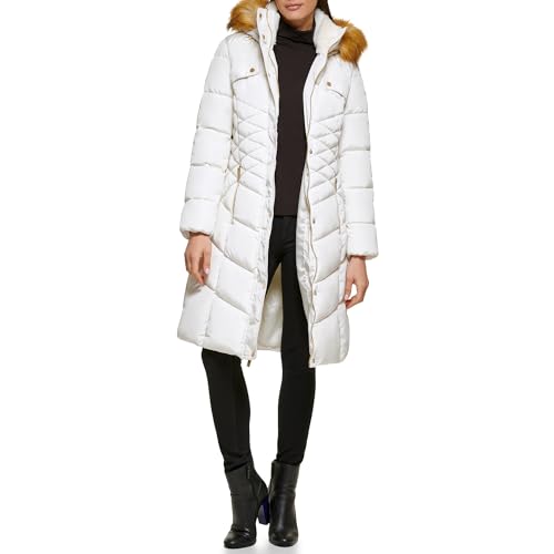 GUESS Damen Women's Midweight Puffer Jacket Daunenalternative Mantel, Kunstfell-Kapuzen-Mik, L