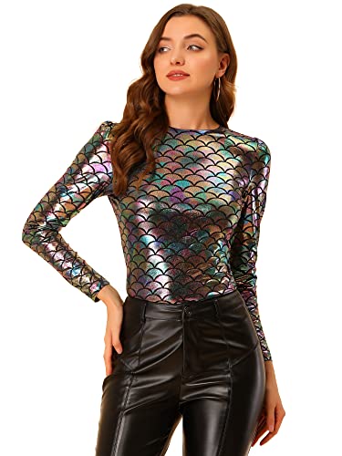 Chemises métalliques d'Halloween Allegra K pour femme hauts disco brillants de fête