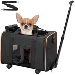 Cat Dog Carrier with Wheels for Small Dogs, Soft Sided Pet Travel Carrier with Telescopic Handle and Shoulder Strap (Black-1)