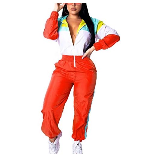 EOSIEDUR Women's One Piece Tracksuit Outfits Windbreaker Jacket Camouflage Crop Top Pants Jumpsuit Set 90s Orange L