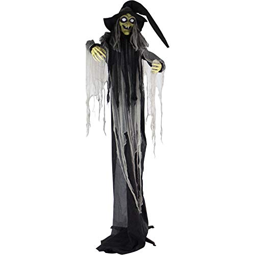 Haunted Hill Farm 9.5-Ft. Animatronic Witch, Indoor or Covered Outdoor Halloween Decoration, Prop With Light-up White Eyes, Poseable and Battery Operated Fright Prop for Home
