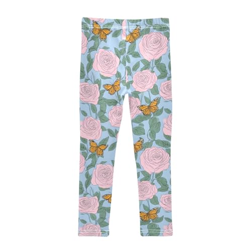 Rose Line Butterflies Floral Girls Leggings Soft Stretch Workout Yoga Dance Pants for Kids Casual Tights2