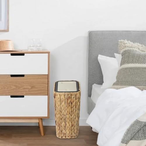 Image of Trongee Boho Trash Can with Lid for Bathroom,2.6 Gallon Small Rattan Garbage Can with Press Top Lid,Woven Wastebasket and Hamper 2 in 1 Wicker Trash Basket for Bathroom,Kitchen,Living Room,Bedroom