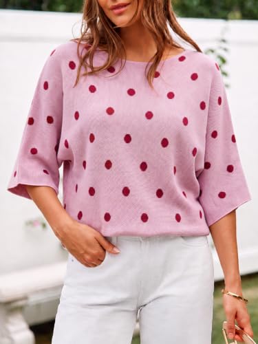 Image of Cicy Bell Womens Oversized Short Sleeve Sweaters Tops Knit Fall Pullovers | Half Sleeve Trendy Casual Loose Fit Sweater, Heart&ploka dot&floral pattern,Knitted Boat Neck Work Top for Teachers