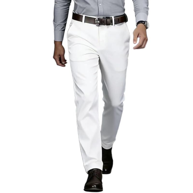 Tiantailang Mens Dress Pants Straight Fit Wrinkle Resistant Business Casual Formal White