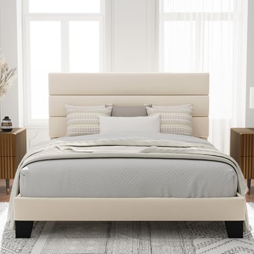 Image of Allewie Queen Size Platform Bed Frame with Velvet Upholstered Headboard and Wooden Slats Support, Fully Upholstered Mattress Foundation /No Box Spring Needed /Easy Assembly, Cream