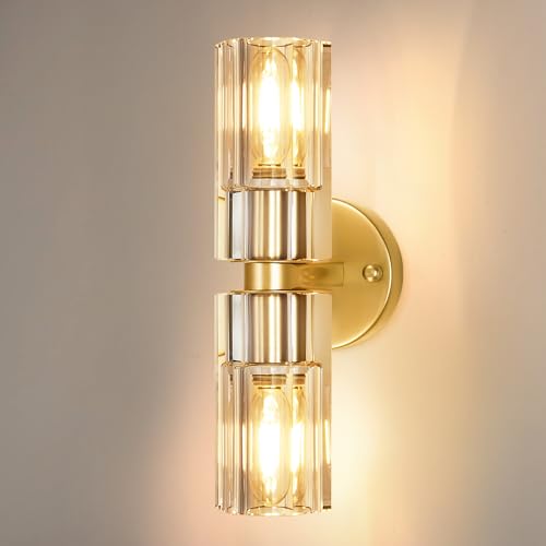 Image of Gold Wall Sconce, Modern Bathroom Sconces Wall Lighting Vanity Light Fixtures with Clear Crystal, Hardwired Brushed Brass Wall Mount Lights for Living Room Corridor Mirror Bedroom Stairs