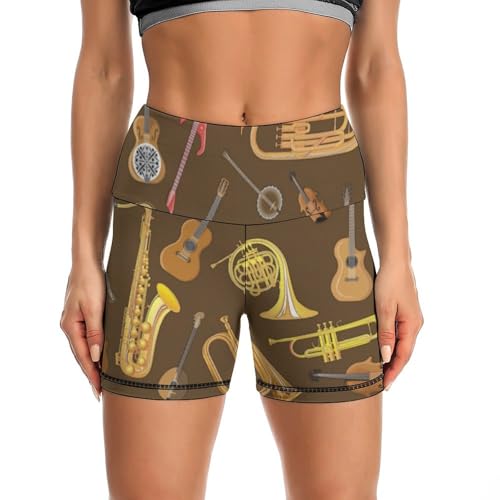 JYYAU Trumpet Musical Instrument Pattern High Waist Yoga Shorts for Women Athletic Shorts Leggings Running Pants Black