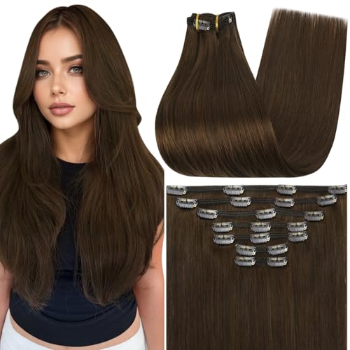 Full Shine Hair Extensions Clip ins, Warm Brown Hair Extensions for Fine Thin Hair, Natural Look, 16 Inch 7 Pcs 120g