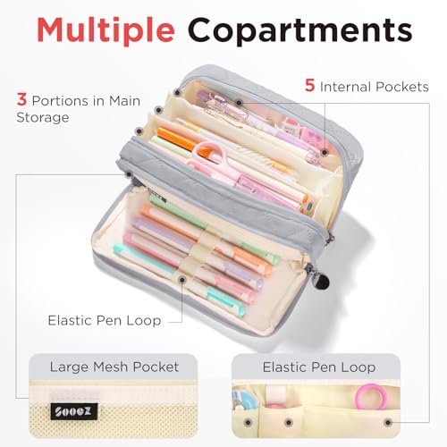 Image of Sooez Large Pencil Case Pouch, Extra Big Pencil Bag with 8 Compartments, Pen Bag Wide Opening, Soft Quilted Pencil Pouch Organizer with Zipper, Portable Pencil Case for Teen Girls, Gray