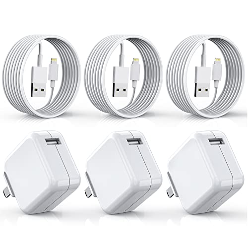 [3 Pack] iPad Charger, iPhone Charger 【MFi Certified】 Long Lightning Cable 10 Foot Lightning Charging Cord with 12W Wall Foldable Block Portable Travel Plug Charging for iPad/iPadMini/iPadAir, iPhone