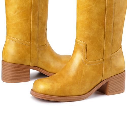 Image of Gothictor Women's Banana Knee High Boots Square Toe Chunky Block Heel Comfortable Low Heel Pull on Wide Calf Riding Long Boots for Women