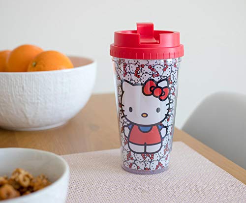 Silver Buffalo Copo de viagem Hello Kitty com cara de morango de parede dupla com tampa deslizante,