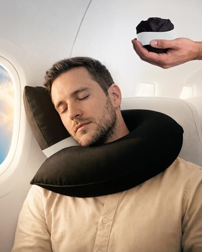 CANDY CANE Inflatable Neck Pillow for Airplane Travel with J-Shaped Design and 360° Support - Head, Neck & Chin Rest for Any Seat, Including Window Leaning - Compact Blow-Up Travel Pillow