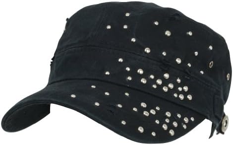 ililily Distressed Military Silver Round Studs Cadet Cap Flex-fit Army Style Hat, Black Apparel