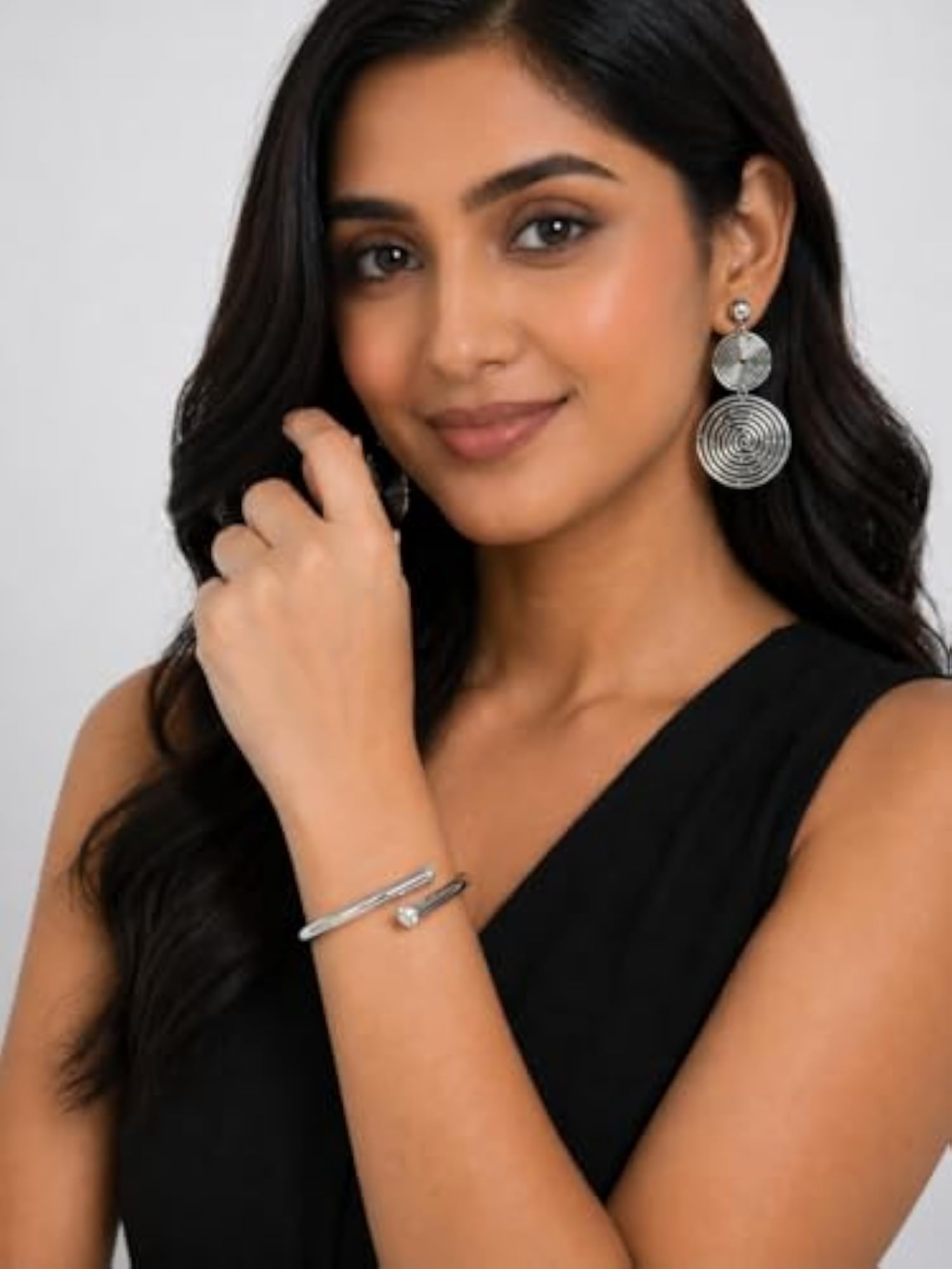 Dual Spiral Dangle Earrings & Crystal Open Cuff Bracelet Set