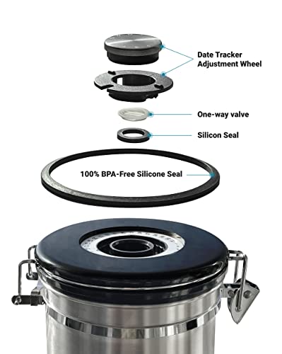 Alpaca Ventures Stainless Steel Coffee Canister - Airtight Kitchen Food Storage Container With Date Tracker, Co2-Release Valve And Measuring Scoop For Ground Coffee, Beans, Tea, Sugar, Large (Silver) #TOP5