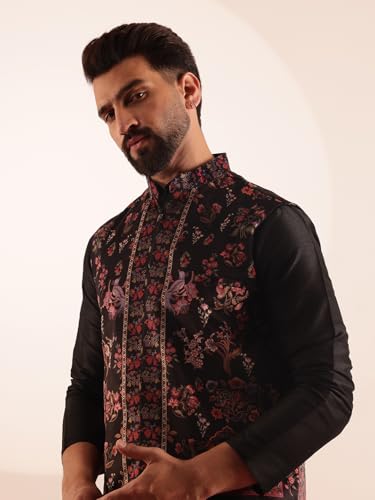 Image of SOJANYA Men's Silk Blend Black Kurta and Pyjama With Paisley Design Velvet Nehru Jacket