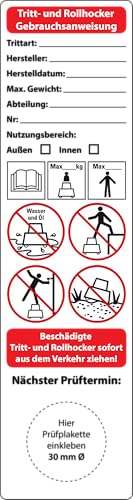 Tritt- und Rollhocker Gebrauchsanweisung, 10 Stück, Leitern und Tritte gemäß DGUV Information 208-016, 150 x 40 mm, Vinylfolie, selbstklebend, Bedienungsanleitung für Rollhocker und Tritte (10)