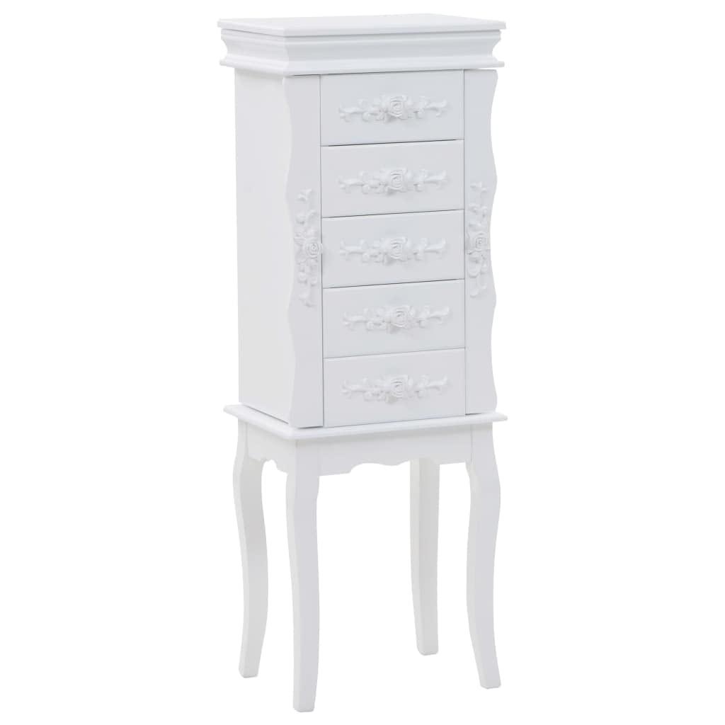 Wolnostojąca szafka na biżuterię, biała, 34 x 26 x 94 cm, płyta MDF i drewno sosnowe, elegancki mebel do salonu, sypialni, korytarza, wszechstronne przechowywanie biżuterii, akcesoriów