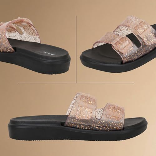 Image of TRASE Women's Glitter Slide Slippers| Double Strap Flat Slippers With Soft Cushioned Sole | Lightweight, Comfortable And Waterproof Slip-on Chappal | Stylish Daily And Casual Use Flip Flops