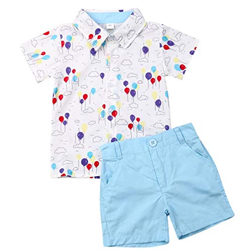 Toddler Baby Boy Summer Outfits Set Gentleman Button-Down Short Sleeve Shirt Blouse Tops + Solid Shorts Pants (Balloon t-Shirt + Blue Shorts, 1-2 T)