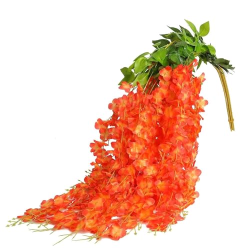 Image of 6 Pcs Artificial Polyester Hanging Flower Wisteria Vines Fake Flowers Vines for Home Party Wedding Garden Outdoor Greenery Decoration (6, Orange)
