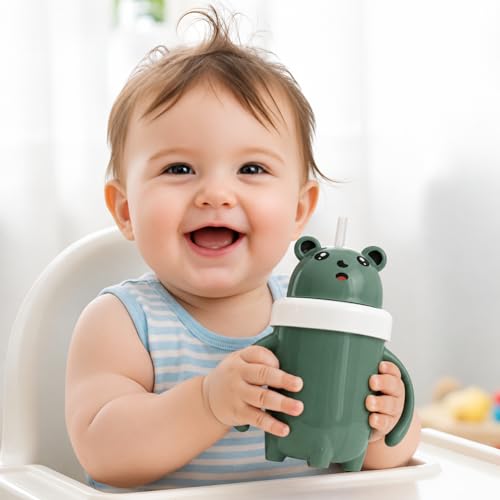 Image of 300ml Baby Sipper for Infant /Toddler, Baby Straw Cup, Soft Silicone Straw Cup, Baby Sipper Bottle for 6 Month+, Anti-Spill with BPA Free, Lid & Easy Grip Handles (Green)
