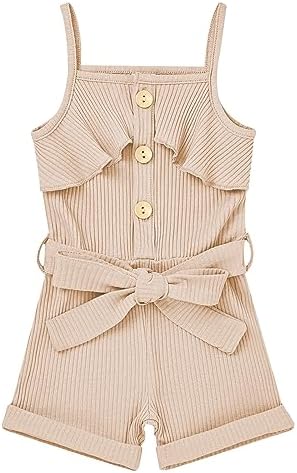 CETEPY 2T Girl Clothes Toddler Girl Summer Outfits Sleeveless Button Tie Front Girls Jumpsuit One Piece Halter Romper Apricot 2-3T/100cm