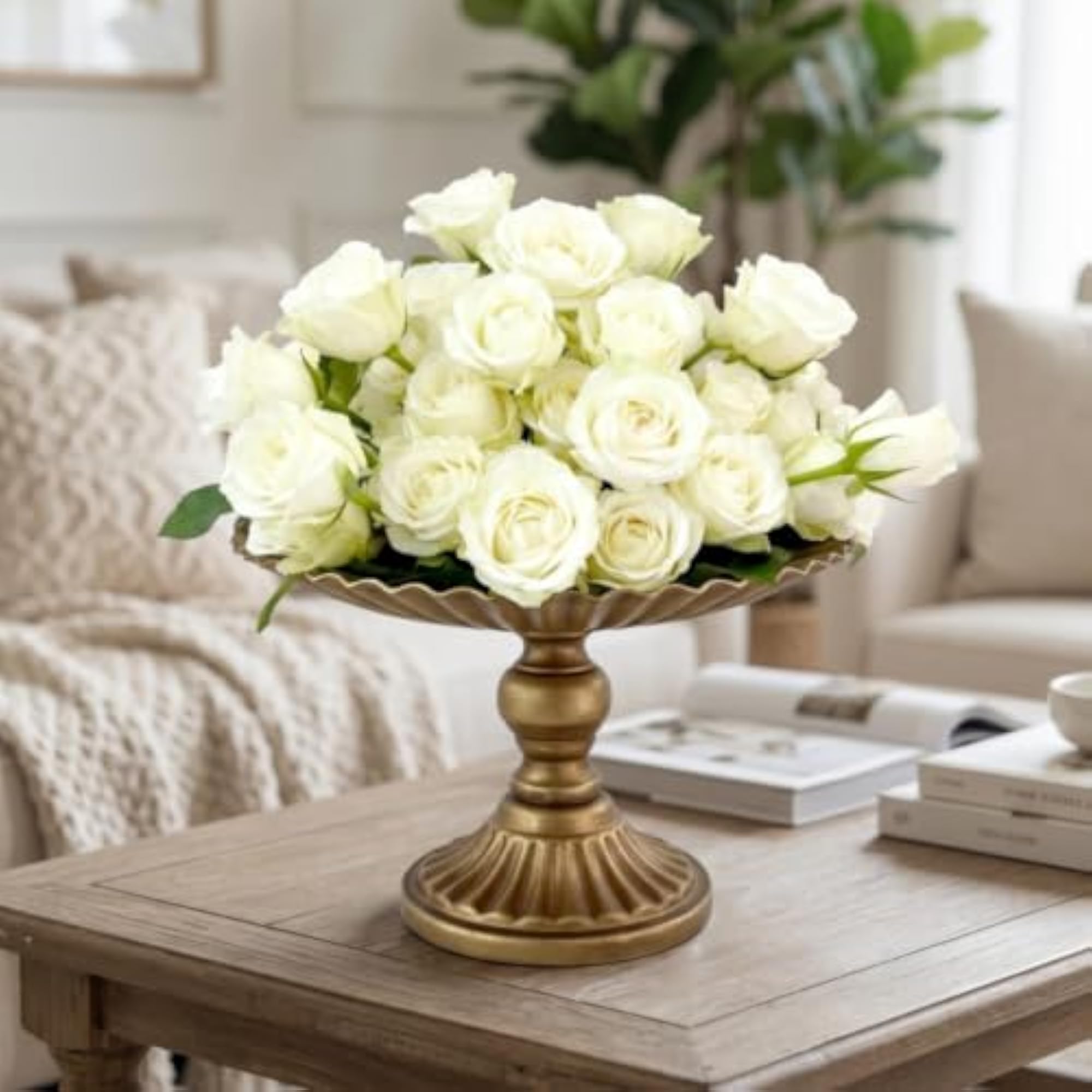 Fluted Metal Pedestal Tray, Textured Elevated Stand