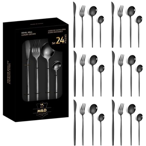 Image of Matte Black Silverware Set | Satin Finish French Style 24-Piece Stainless Steel Flatware Set with Giftable Box | Dishwasher Safe Tableware for Home, Restaurant & Corporate Gifting