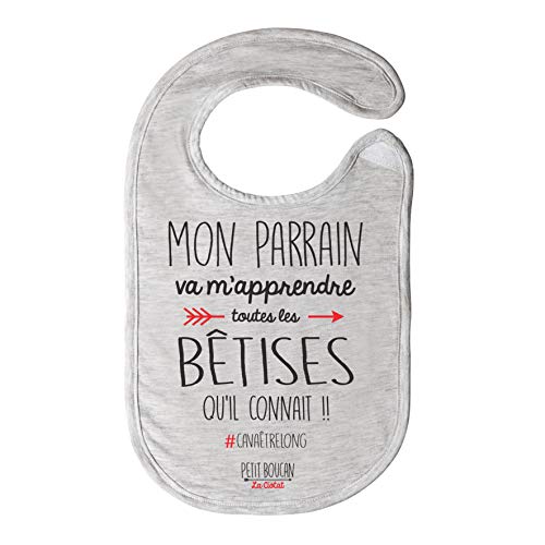 Petit Boucan "mon parrain m'apprendra toutes les betises - bavoir bébé garçon -100% coton doux - doublé en éponge coton très absorbant (GRIS) Cover