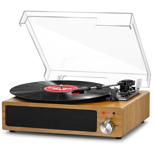 FYDEE Tocadiscos de Vinilo Vintage Bluetooth con 3 Velocidades (33/45/78 RPM), 2 Altavoces Estéreo Integrados, Salida para Auriculares de 3.5 mm, AUX, RCA - Madera Natural