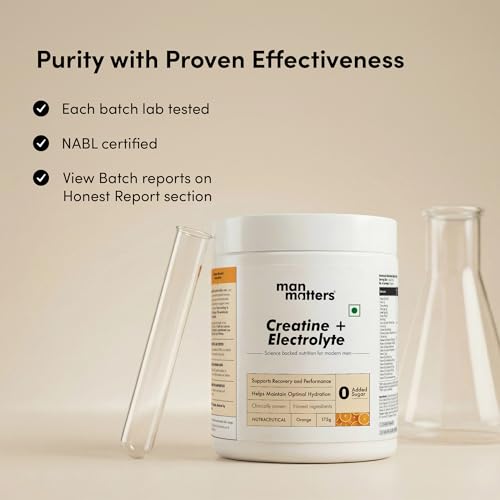 Image of Man Matters Creatine Electrolytes Powder 175g | 3g Creatine Monohydrate with Sodium, Potassium, Magnesium | I Improves Muscle Strength, Hydration & Recovery | 0 Added Sugar & 0 Calories | Orange