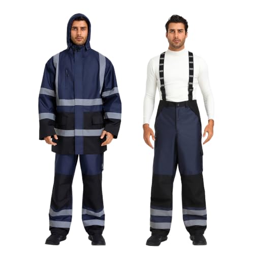 Image of 3-Piece Hi-Vis Rain Suit, Safety Jacket with Hood & Bib Overalls