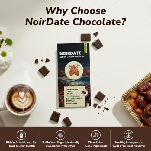 Image of NoirDate Classic Dark Chocolate - 75g, Bean to Bar, Sweetened with Dates, Refined Sugar Free, Clean Label, Healthy & Tasty Guilt-Free Indulgence, Vegan, Antioxidants Rich, (Pack Of 1)