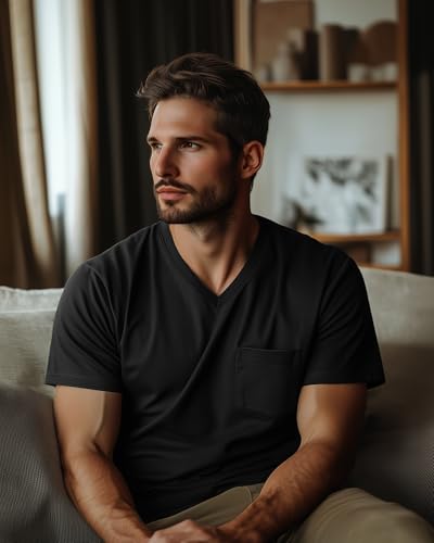 Ficerd 3 Pack Men's V Neck T Shirts Short Sleeve Plus Size Tee Loose Casual Top Cotton Basic Oversized Shirts with Pocket4