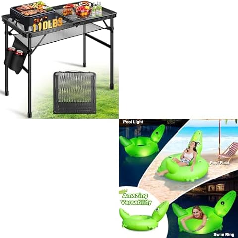 Ciavca Folding Grill Table & Alligator Pool Float Adult with Light Cover