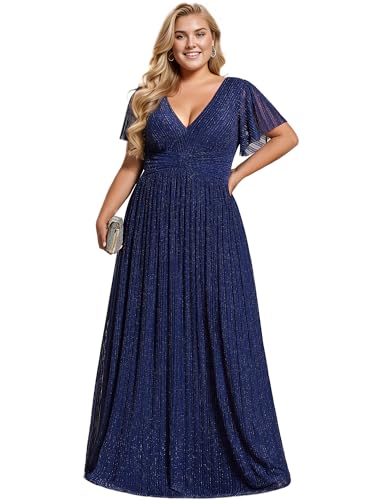 Image of Ever-Pretty Women's Plus Size Glitter Formal Dresses for Curvy Women A Line V Neck Gala Mother of Bride Dress Evening Gown