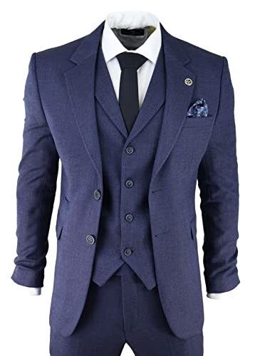 Mens Herringbone Tweed 3 Piece Suit Blue Classic Vintage Tailored Wedding Blinders4
