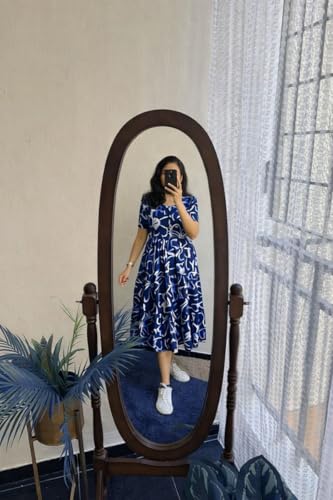 Image of Women's Blue Floral Print Tiered Midi Dress, Short Sleeve, Button-Front, Casual Summer Wear