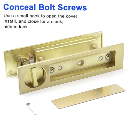 Manija de puerta corrediza Dontay Pocket Door, función de entrada con llave rectangular moderna, pestillo empotrado para puertas de 1 3/8” a 2 3/16” de grosor, acabado en latón satinado, paquete de 1 miniatura 3