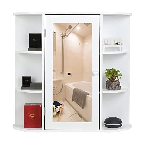 SOMY Medicine Cabinet with Mirror Door, Wood Wall Cabinet with 6 Tier Open Cover